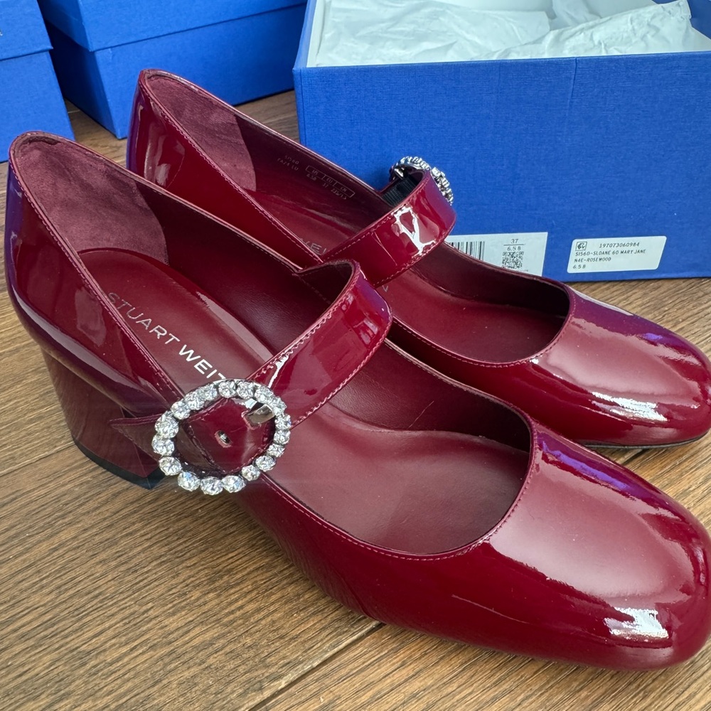 Stuart Weitzman Wine Red Patent Mary Jane Heels with Crystal Buckles
